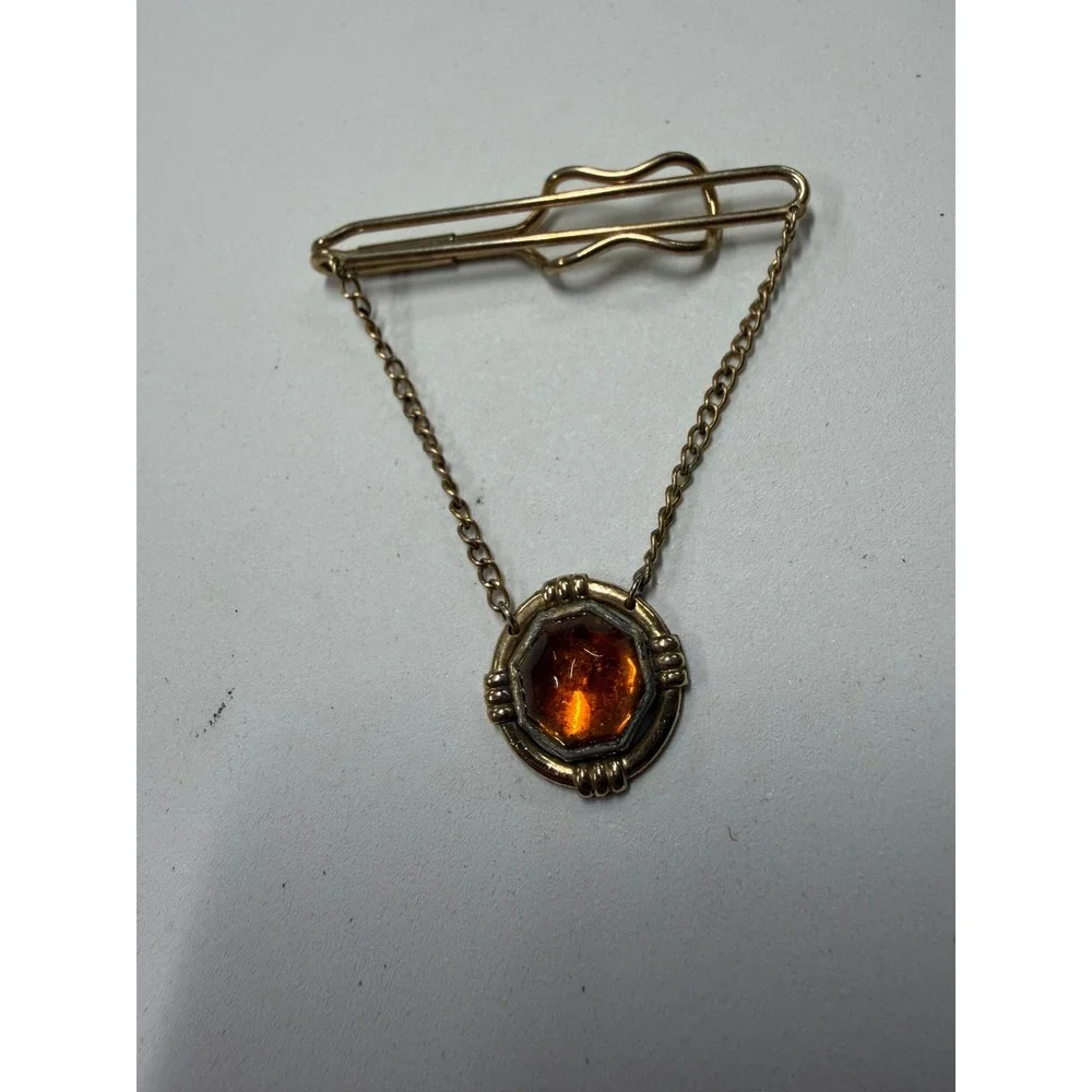 Vintage Gold Tone Tie Clip Amber Glass Octagon Stone Chain Slide Bar Accessory